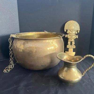 Hanging Brass Planter With Small India Made Pitcher And Peru Wall Hanging