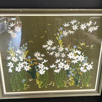 1970’s Folk Art Floral Crewel Embroidery Framed