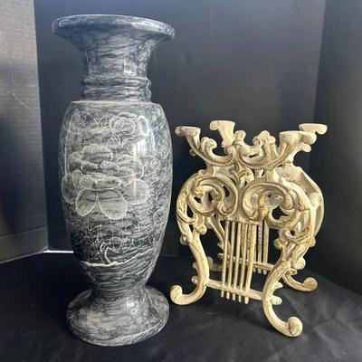 Vintage Cast Iron Sheet Music Holder And Solid Marble Floral Etched Vase