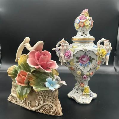 Vintage Hand Painted Dresden Germany Porcelain Lidded Vase With Capondimonte Porcleian Iron Art