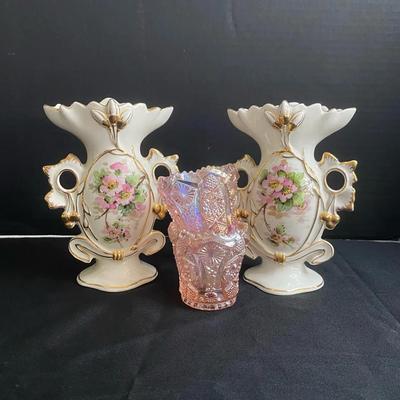 Hand Painted 5.5” Gold Trimmed Vases & Pink Imperial Glass Toothpick Holders