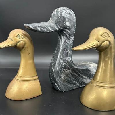 Vintage Brass Korean Duck Bookends And Marble Duck Decor Piece