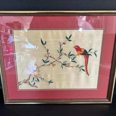 Vintage Framed Chinese Silk Embroidered Bird