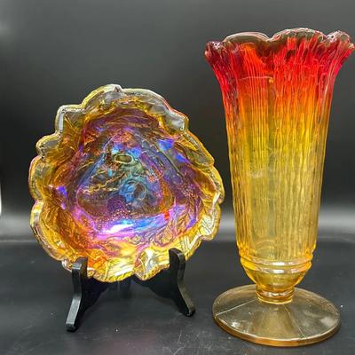 Vintage Loganberry Amber Carnival Glass Dish With Amberina Glass Vase