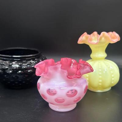 Vintage Fenton Cranberry Coin Dot Ruffled Edge Vase With Fenton Beaded Melon Vase And More