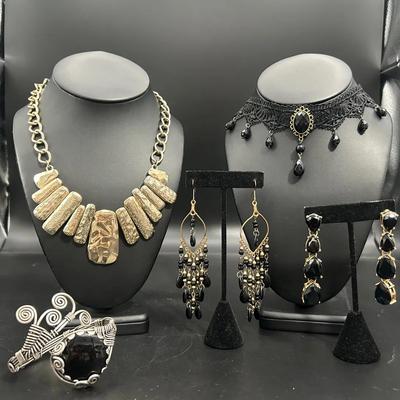 Black Costume Earrings And Lace Choker With Silver Toned Necklace And Wire Cuff
