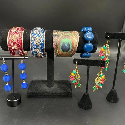 Peacock Earrings And Bangle With Two Grape Themed Bangles, Beaded Blue Bracelet And Earrings