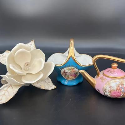 Vintage Limoges Mini Teapot And Bowl With Lenox Classic Magnolia Decor