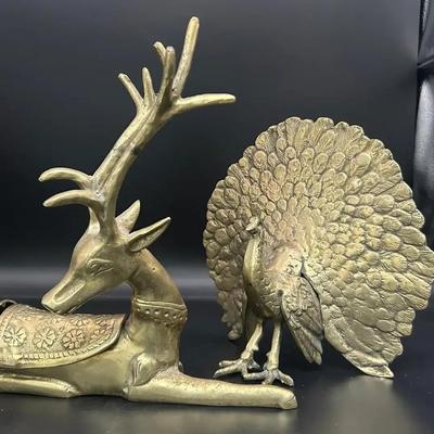 Vintage Heavy Brass Peacock And Spotted Deer Trinket Holder