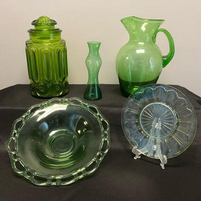 MCM and Vintage Green Glass Collection Pitcher, Jar, Vase And Lancaster Uranium Glass