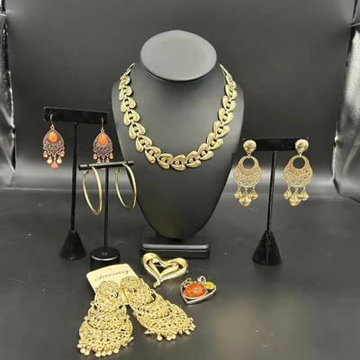 Costume Gold Toned Earrings, Heart Link Necklace, 925 Pendant, And Broach