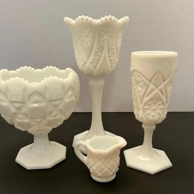 4pc Mixed Lot Vintage Milk Glass-2 goblets, creamer, compote dish