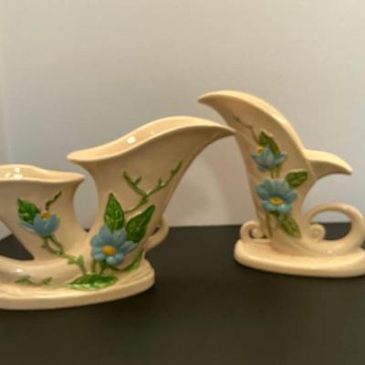 2pc Vintage Hull Pottery Art Cornucopia Vases