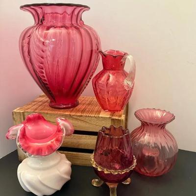 Mixed Lot Cranberry White Collectibles -Some Fenton