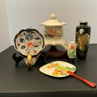 5 Pc Mixed Lot Of Vintage Asian Inspired Pottery And Fan
