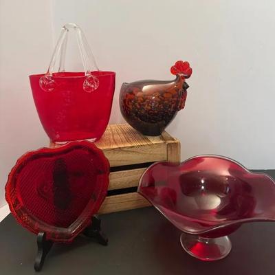 Ruby Red Glass Collectibles Purse Tray Rooster Bowl