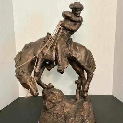 Vintage Metal Cowboy on Horse Sculpture - HEAVY