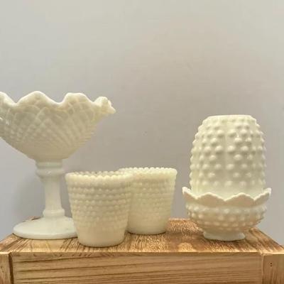 3Pc Mix Lot Vintage Fenton, White Milk Glass. Votives, Fairy Lamp, Candy Dish