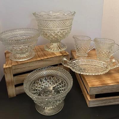 Mixed Lot Die Cut Glass Bowls, Creamers And Dish 