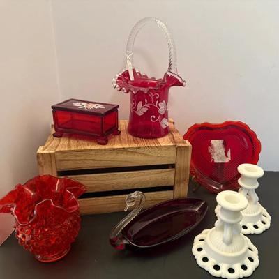 Ruby Red Glass Decor And Milk Glass Candlestick Holders