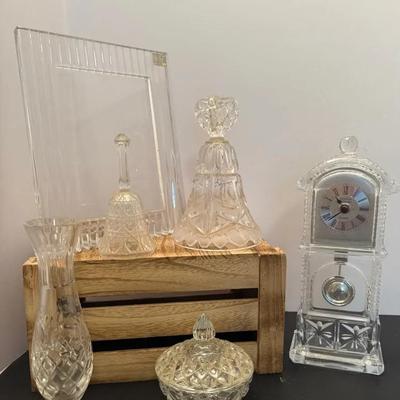 Mixed Lot Of Glass Collectibles Pic Frame, Clock,, Bells
