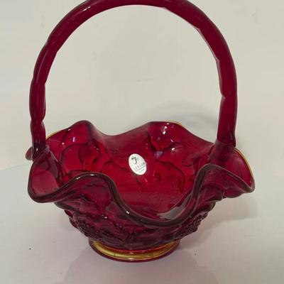 Vintage Fenton Ruby Red Glass Thumbprint Basket Amber Crest ruffled