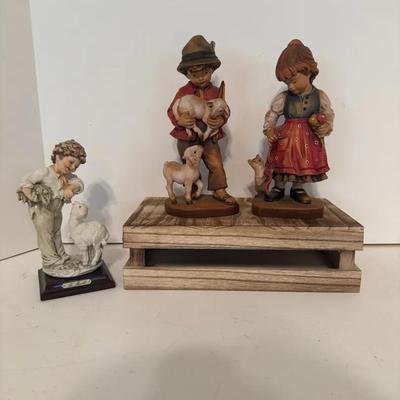 Vintage Heinzeller Holzschnitzerei Hand Carved Painted Wood Boy & Girl And B. Merli