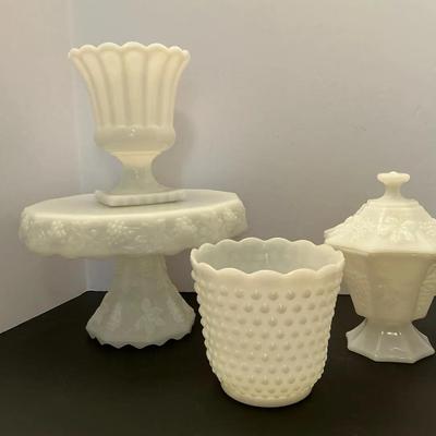 4pc Vintage Milk Glass-cake stand, pedestal vase, candy dish, planter