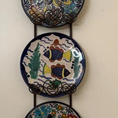 Lot Of Three Mexican Talavera Pottery Plates With Holder