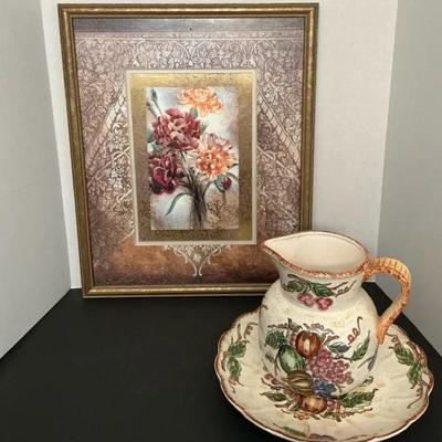 Framed Floral Picture And Floral Painted Pitcher Set
