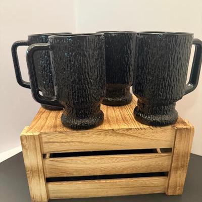 Black Glass Four Piece Mug set Indiana Glass Co