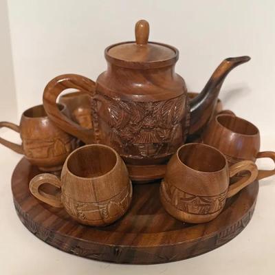 Ten Piece Hand-Carved Wooden Tea Set With Tea Kettle, Mugs and Stand