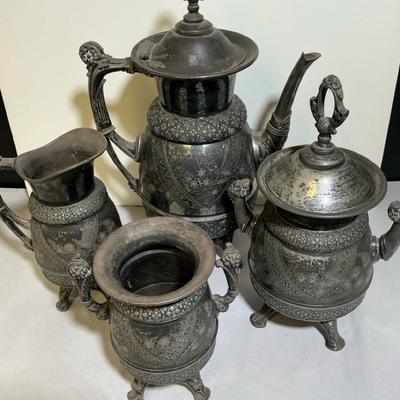 Meriden Britannia Company, Tea Service, Ornate Silver Plate, 4 Pcs, Vintage