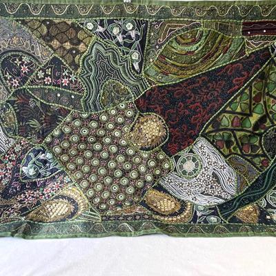 Handmade Indian Patchwork Beaded Tapestry, Green And Black