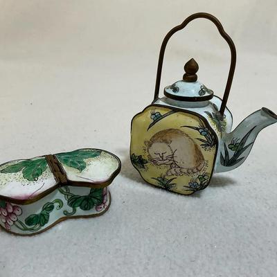 Empress Arts Cat Teapot & Enamel Double Hinged Trinket Box