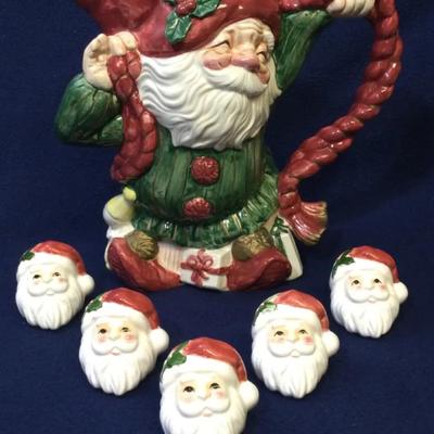 Fitz & Floyd; Christmas Santa Pitcher & Matching Napkin Rings
