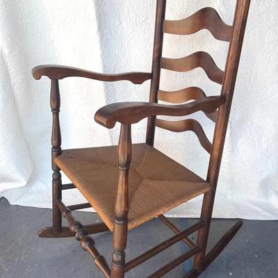 Ladder Back Wood Rocking Armchair With Rush Seat, Vintage