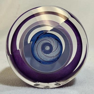 Art Glass Purple Swirl Embedded Orb Cut Glass Paperweight