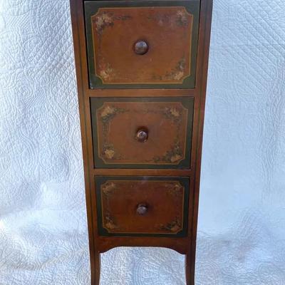Vintage Narrow Wood Nightstand With Painted Floral Embellishment