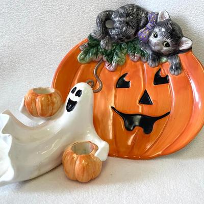 Fitz And Floyd Halloween Ghost Candle Holder And Pumpkin Plate