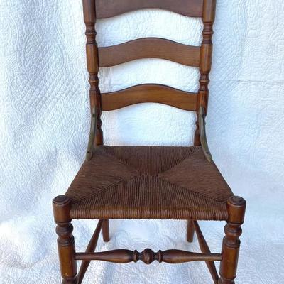 Ladder Back Wood Side Chair With Rush Seat, Vintage