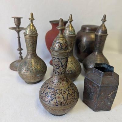Vintage Indian Handmade Engraved Brass Wares, Pots, Vase, Candlestick