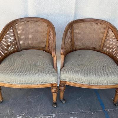 Vintage Cane Back Low Armchairs With Tufted Cushions, Pair