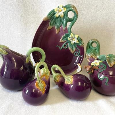 Fitz And Floyd Eggplant Cream And Sugar, Salt And Pepper And Plate Set