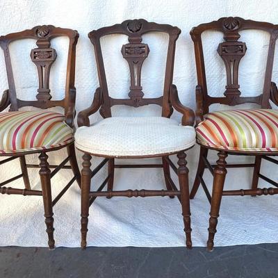 Victorian Eastlake Walnut Carved Side Chairs, 3 Pcs