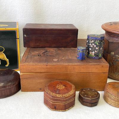 Vintage Leather, Cloisonné And Wood Box Containers