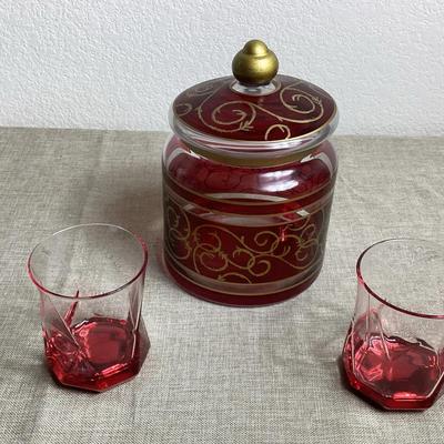 Vintage Ruby and Gold Glass Canister and Red Glasses (2)