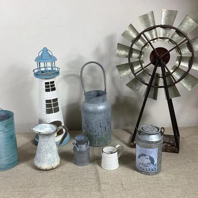 Metal Lighthouse, Rustic Windmill and Metal Decorative Jugs
