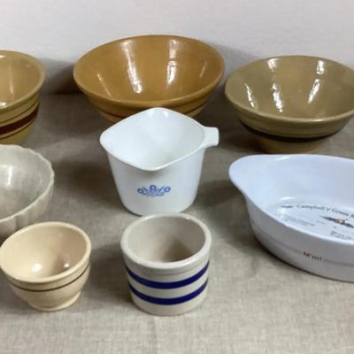 Vintage Yellowware Band Bowls, Corning Ware Cup, Campbell’s Casserole Dish, R.R.P. Crock and More