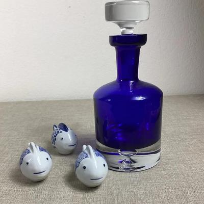 Blue and White Ceramic Fish and Vivid Blue Decanter